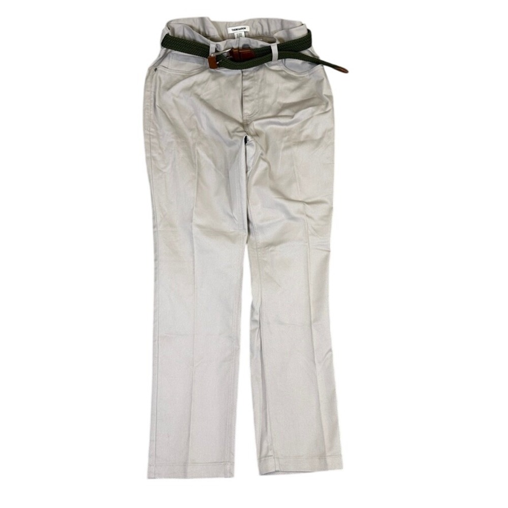 Thom Aaron Mens Khaki Chino Pants Straight Leg Tan W36 L30 With Green Belt